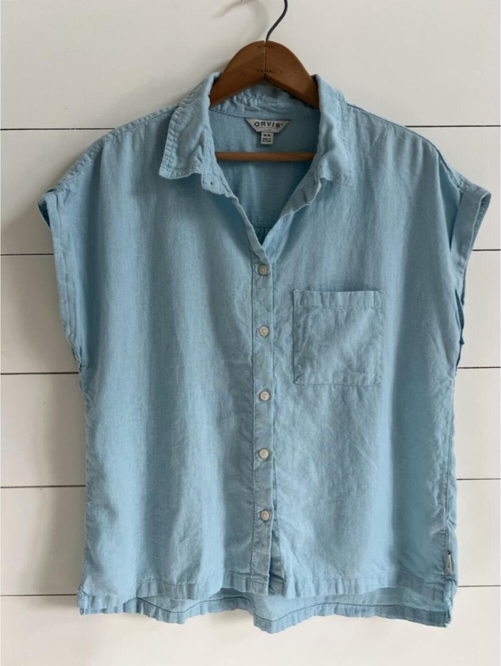 Orvis Linen Blend Button Down Blouse Women's Size M Blue